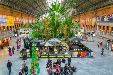 MADRID, SPAIN, HAZİRAN 10 HAZİRAN 2016: Madrid 'deki Atocha Tren İstasyonu' nda bulunan tropik yeşil ev.