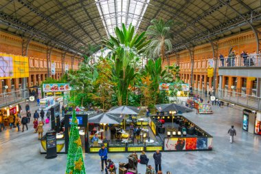 MADRID, SPAIN, HAZİRAN 10 HAZİRAN 2016: Madrid 'deki Atocha Tren İstasyonu' nda bulunan tropik yeşil ev.