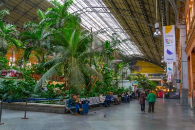 MADRID, SPAIN, HAZİRAN 10 HAZİRAN 2016: Madrid 'deki Atocha Tren İstasyonu' nda bulunan tropik yeşil ev.