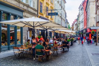 LJUBLJANA, SLOVENIA, 29 Temmuz 2015: Sloven başkenti Ljubljana 'daki stari Trg caddesinin manzarası, eski şehrin kalbine kadar uzanıyor ve restoranlarla dolu.