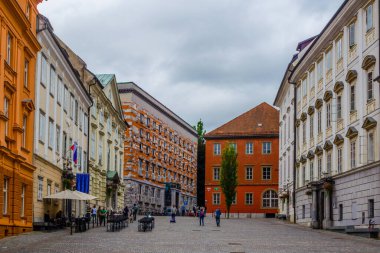 LJUBLJANA, SLOVENIA, JULY 29, 2015: view of the novi trg square in the slovenian capital ljubljana where is situated the university library designed by joze plecnik