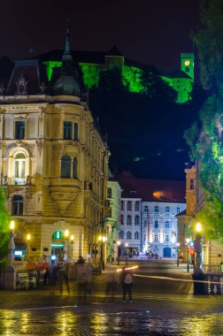 LJUBLJANA, SLOVENIA, 29 Temmuz 2015: Üçlü köprü, Fransisken katedrali ve preseren anıtı ile ünlü Sloven başkenti ljubljana 'nın gece manzarası
