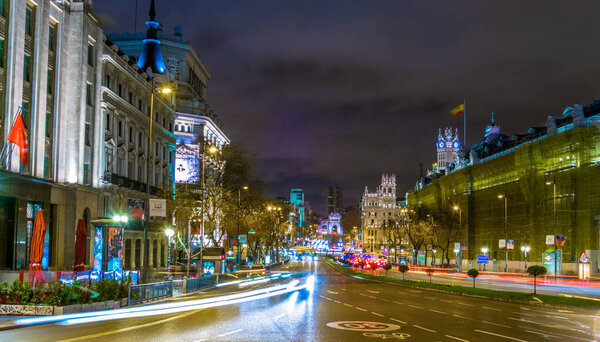 MADRID, SPAIN, JANUARY 9, 2016: night view of the calle de alcala boulevard in madrid which is the second most famous street of the city