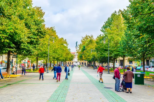 PAMPLONA, SPAIN, OCTOBER 28, 2014: İnsanlar Pamplona, İspanya 'daki Paseo de Pablo Sarasete' nin sonunda Los Fueros Anıtı 'na doğru geziniyorlar