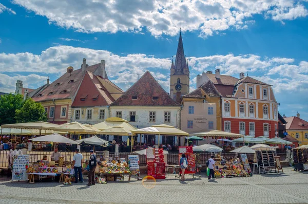 Sibiu Romania July 2015 Unidentified People Visit Small Square Second — Zdjęcie stockowe