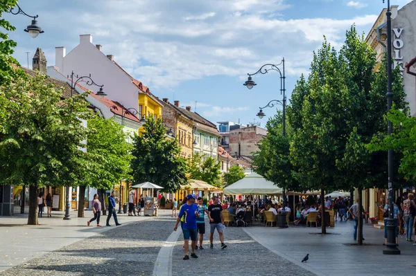 SIBIU, ROMANIA, 6 HAZİRAN 2015: İnsanlar Nicolae Balcescu bulvarı boyunca yürüyor ya da Büyük Meydan 'da güneşli bir günün tadını çıkarıyorlar, üst şehrin en büyük meydanı ve UNESCO tarafından yapılmış bir mimari anıt..