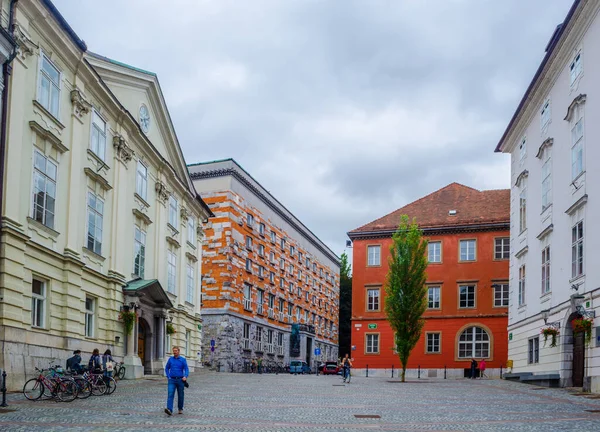 LJUBLJANA, SLOVENIA, 29 Temmuz 2015: Joze Plecnik tarafından tasarlanan üniversite kütüphanesinin bulunduğu Sloven başkenti Ljubljana 'daki novi trg meydanına bakış