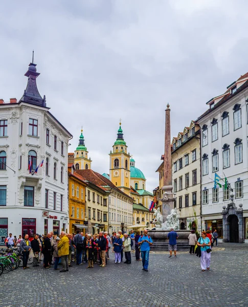 Ljubljana Slovenia 2015 Slovenian Capital Ljubljana 분수에 장식된 Mestni Trg — 스톡 사진