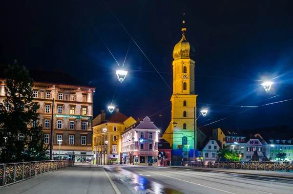 Graz Austria January 2015 Night View Bridge Leading Franciscan Church — Stockfoto