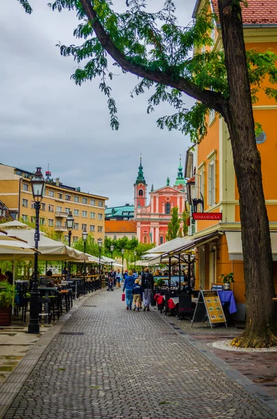 LJUBLJANA, SLOVENIA, 29 Temmuz 2015: Fransisken anonsluk kilisesi ile birlikte Ljubljana 'daki eski kasaba seti. Ljubljana ülkenin iş ve kültür merkezidir..