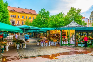 WROCLAW, POLAND, 28 Mayıs 2017: Polonya 'nın merkezindeki Plac Solny Meydanı' ndaki renkli evler