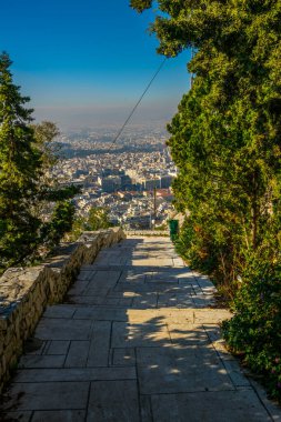 view of a narrow path leading to the top of lycabetus hill in athens with a long staircase surrounded by flowers.