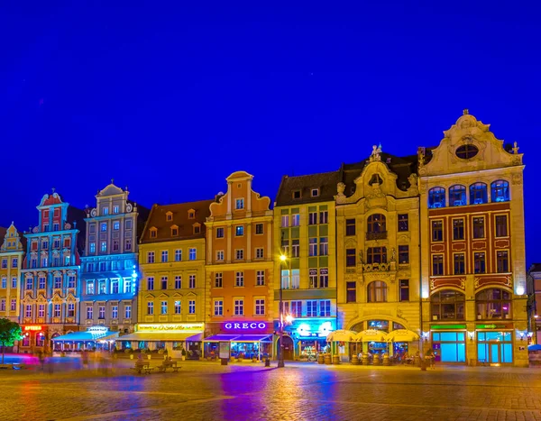 Wroclaw Polska Maj 2017 Widok Nocny Kolorowych Domów Rynku Malowniczy — Zdjęcie stockowe