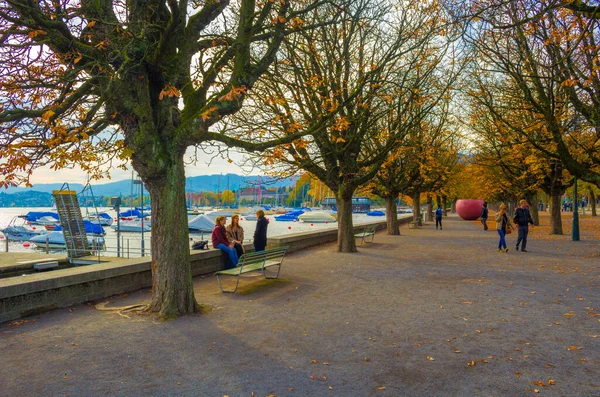 ZURİH, SWitzERLAND, 24 EKİM 2015: Sonbahar boyunca Zürih Gölü 'nün yanında gezinme
