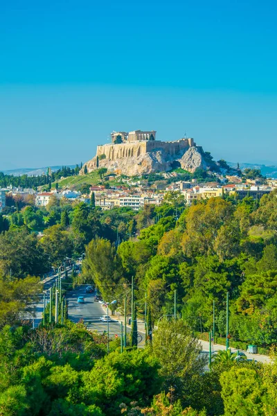 Vista Acrópolis Con Camino Sinuoso Entre Los Árboles Athens — Foto de Stock