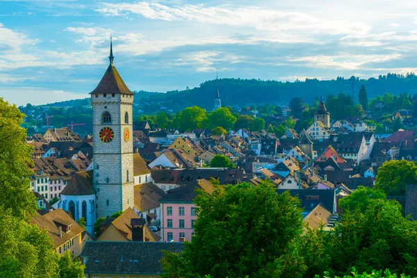 Aerial View Swiss City Schaffhausen Saint Johann Church Sunse — Foto Stock