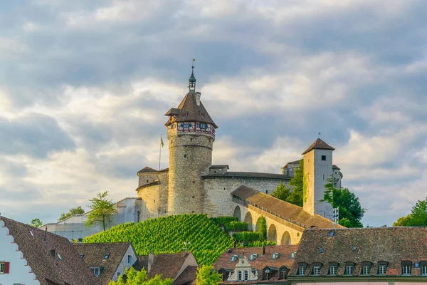 Munot Fortress Swiss City Schaffhausen Reflected Rhine River Sunset Summer — Stockfoto