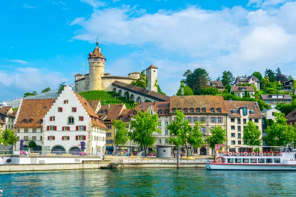 Munot Erőd Svájci Schaffhausen Városban Tükröződik Rhine Folyón Nyáron — Stock Fotó