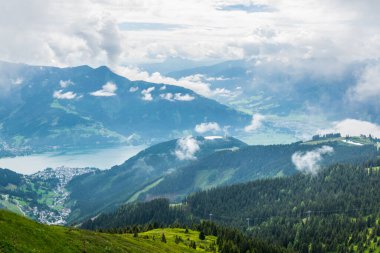 Aerial view of the zeller lake and zell am see town from the upper statioon of the schmittenhohe cable car in Austria.