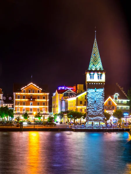 View Marina Mangturm Tower Situated German Port Lindau Night — Fotografia de Stock