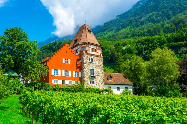 Lihtenştayn 'daki ünlü kırmızı evin manzarası.