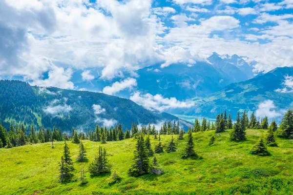 Avusturya 'nın Salzburg bölgesindeki Zell am yakınlarındaki ünlü Pinzgauer spaziergang yürüyüş yolu boyunca uzanan Alpleri görüyorsunuz..
