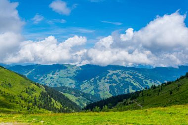 Avusturya 'nın Salzburg bölgesindeki Zell am yakınlarındaki ünlü Pinzgauer spaziergang yürüyüş yolu boyunca uzanan Alpleri görüyorsunuz..