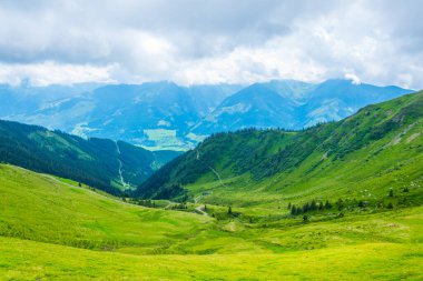 Avusturya 'nın Salzburg bölgesindeki Zell am yakınlarındaki ünlü Pinzgauer spaziergang yürüyüş yolu boyunca uzanan Alpleri görüyorsunuz..