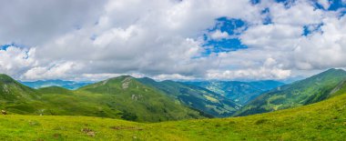 Avusturya 'nın Salzburg bölgesindeki Zell am yakınlarındaki ünlü Pinzgauer spaziergang yürüyüş yolu boyunca uzanan Alpleri görüyorsunuz..