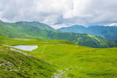 Avusturya 'nın Salzburg bölgesindeki Zell am yakınlarındaki ünlü Pinzgauer spaziergang yürüyüş yolu boyunca uzanan Alpleri görüyorsunuz..