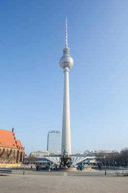 detail of saint marienkirche with fernsehturm - tv tower in berlin.