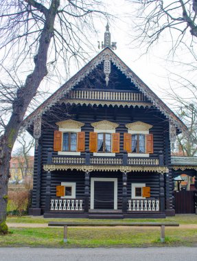 typical wooden decorated house in russian colony alexandrowka in german city potsdam.