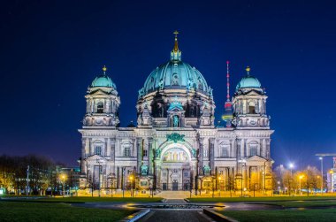 night view of berliner dom cathedral in berlin.