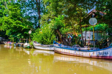 Bulgaristan 'da ropotamo nehrinde gemi gezisi yapan demirlemiş ve bekleyen bir tekne manzarası