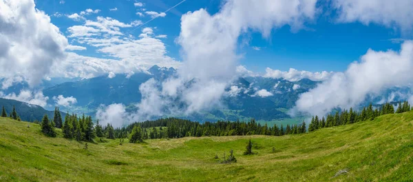 Avusturya 'nın Salzburg bölgesindeki Zell am yakınlarındaki ünlü Pinzgauer spaziergang yürüyüş yolu boyunca uzanan Alpleri görüyorsunuz..