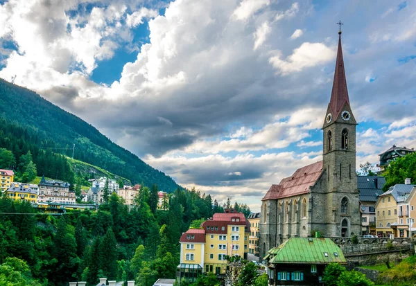 Austrian Ski Spa Resort Bad Gastein Dominated Parish Church Waterwall — Photo