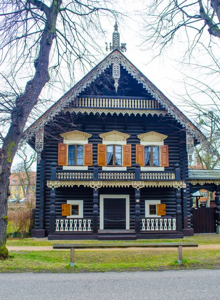 Typical Wooden Decorated House Russian Colony Alexandrowka German City Potsdam — Foto de Stock