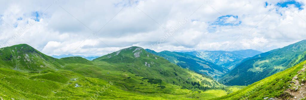 View of the alps along the famous hiking trail Pinzgauer spaziergang near Zell am See, Salzburg region, Austria.
