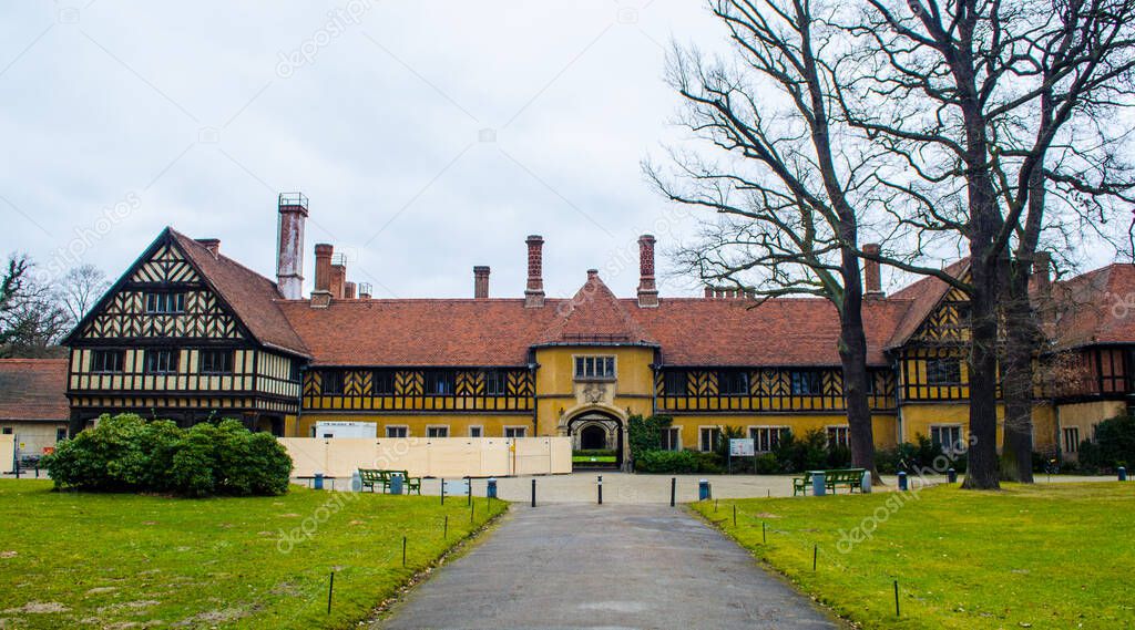 view of cecilienhof palace in potsdam, where stalin, churchill and truman held conference determining post second world war division of europe.