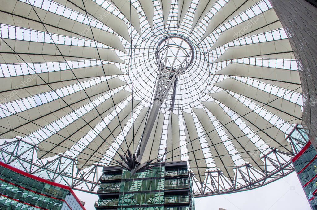 view of interesting rooftop of sony center in berlin.