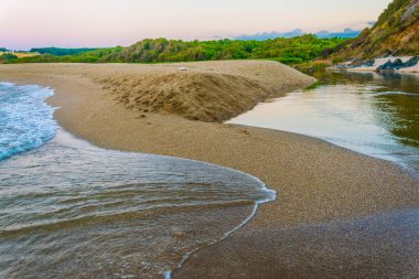 View of estuary of Veleka river reaching the Black sea in Bulgaria