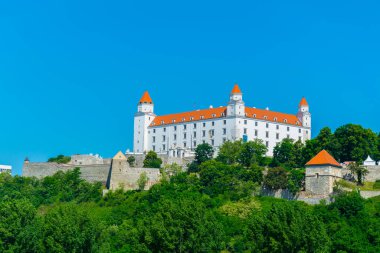 view of the bratislava castle situated on a hill next to the danube river in slovakia