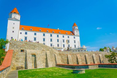 Slovakya 'daki Danube nehrinin yanındaki tepedeki Bratislava kalesinin manzarası