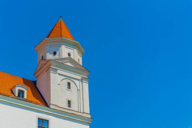 Slovakya 'daki Danube nehrinin yanındaki tepedeki Bratislava kalesinin manzarası