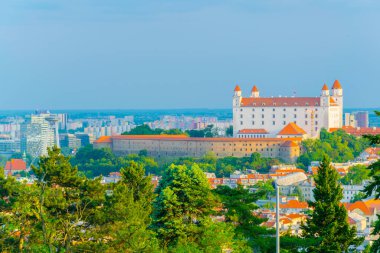 Slovakya 'daki Danube nehrinin yanındaki tepedeki Bratislava kalesinin manzarası