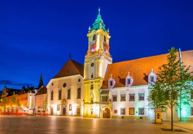 Old town hall in bratislava situated on the hlavne namestie (the main square) during night
