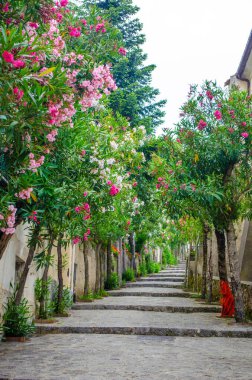 İtalya 'nın Ravello şehri ve Atrani köyü yakınlarındaki Alamfi sahilinin dik tepelerinin manzarası..