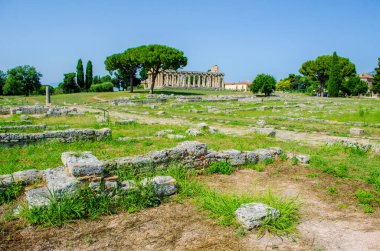 Paestum 'daki antik harabe kompleksinde bulunan taş yığınının görüntüsü