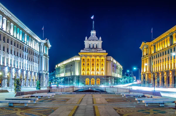 Night View Architectural Ensemble Three Socialist Classicism Edifices Central Sofia — Stockfoto