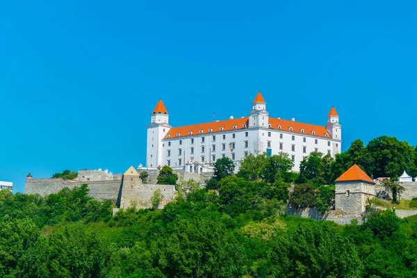 Slovakya 'daki Danube nehrinin yanındaki tepedeki Bratislava kalesinin manzarası